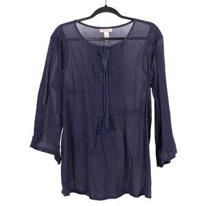 Studio West Peasant Blouse L Women NEW Blue Boho Sheer Crochet Tunic Bell Sleeve